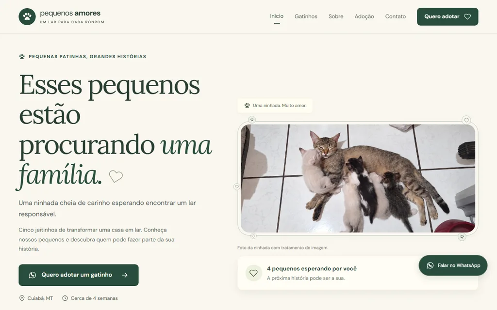 Prévia do site Pequenos Amores, adoção responsável de gatinhos