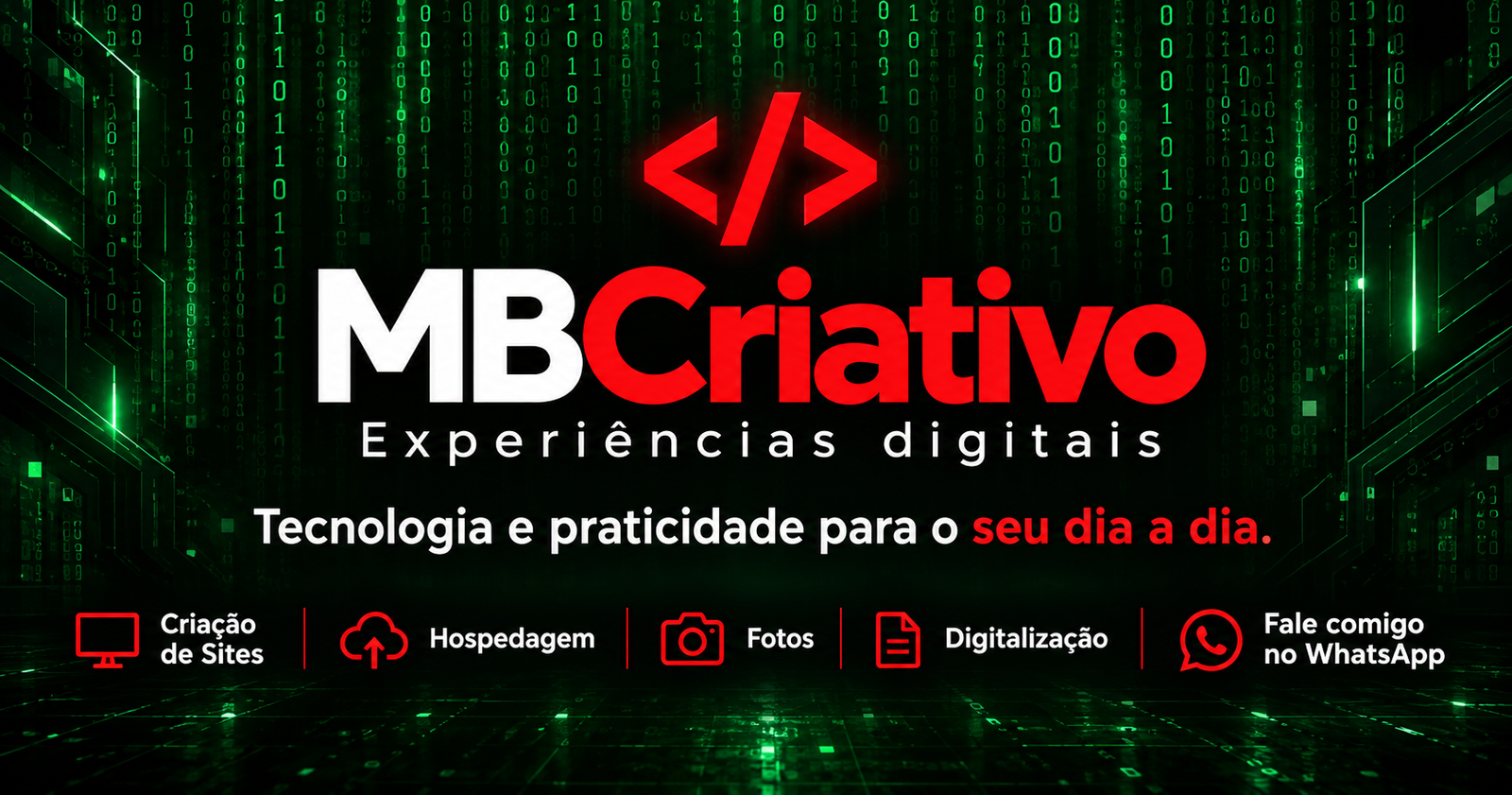 Identidade visual da MBCriativo com fundo digital, logo e serviços.